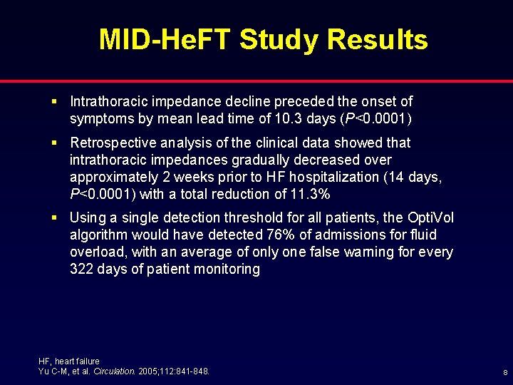MID-He. FT Study Results § Intrathoracic impedance decline preceded the onset of symptoms by