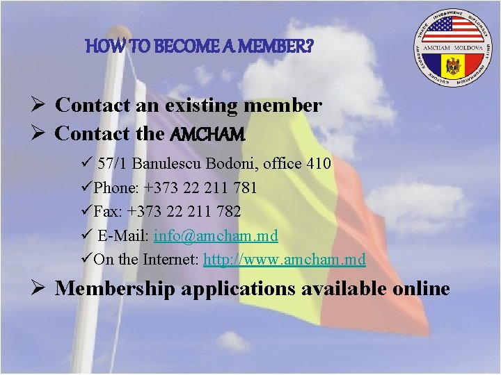 HOW TO BECOME A MEMBER? Ø Contact an existing member Ø Contact the AMCHAM