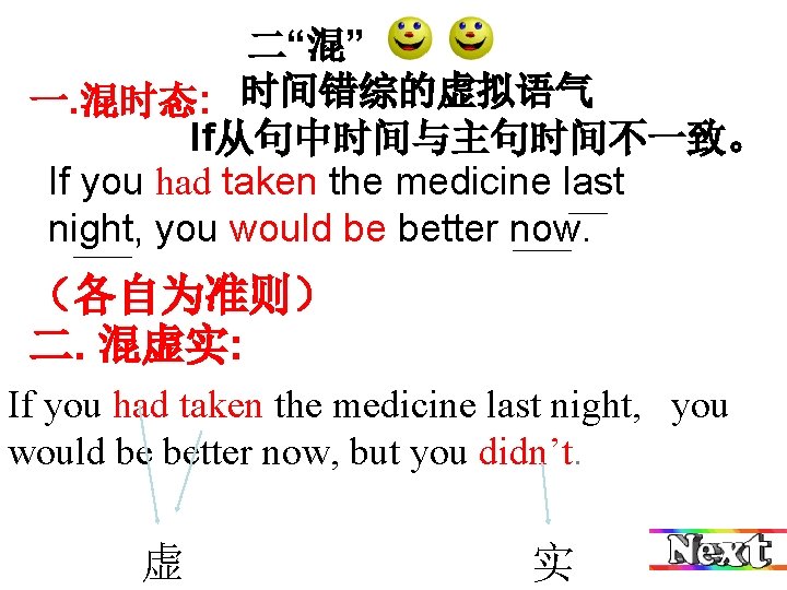 二“混” 一. 混时态: 时间错综的虚拟语气 If从句中时间与主句时间不一致。 If you had taken the medicine last —— night,
