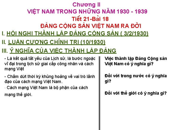 Chương II VIỆT NAM TRONG NHỮNG NĂM 1930 1939 Tiê t 21 Ba i