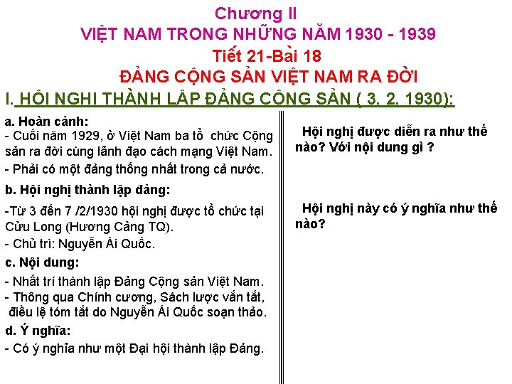 Chương II VIỆT NAM TRONG NHỮNG NĂM 1930 1939 Tiê t 21 Ba i