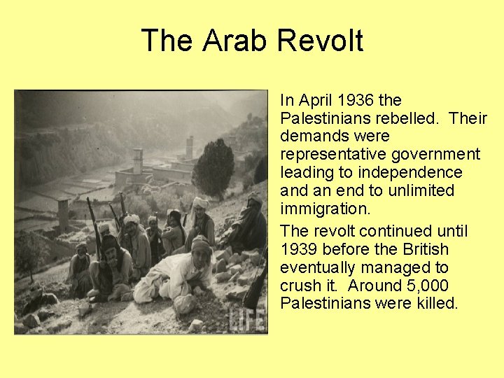The Arab Revolt • In April 1936 the Palestinians rebelled. Their demands were representative