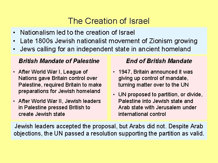 The Creation of Israel • Nationalism led to the creation of Israel • Late