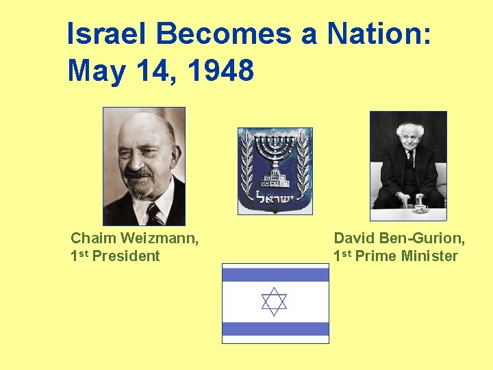 Israel Becomes a Nation: May 14, 1948 Chaim Weizmann, 1 st President David Ben-Gurion,