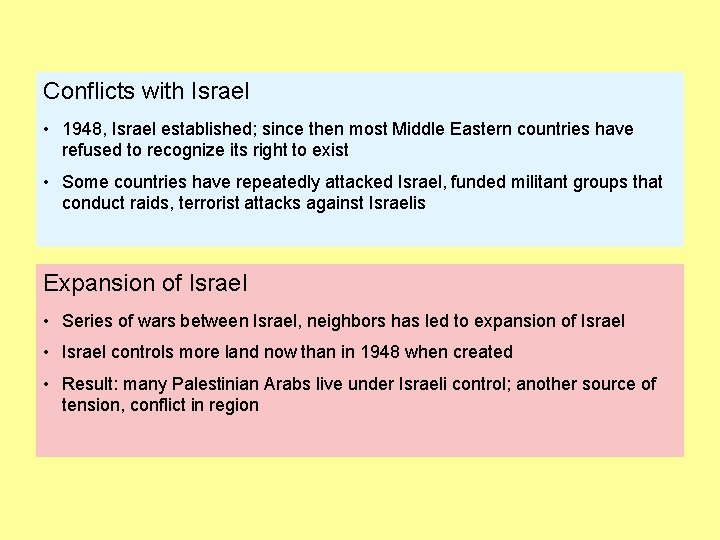 Conflicts with Israel • 1948, Israel established; since then most Middle Eastern countries have