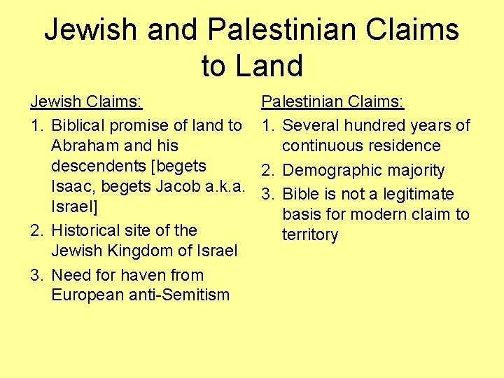 Jewish and Palestinian Claims to Land Jewish Claims: 1. Biblical promise of land to