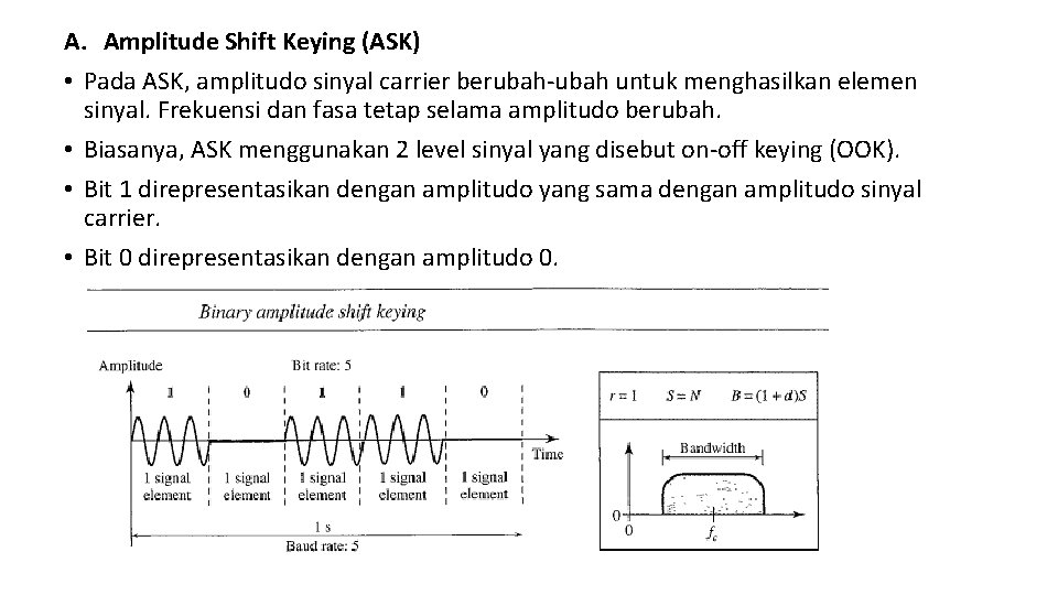 A. Amplitude Shift Keying (ASK) • Pada ASK, amplitudo sinyal carrier berubah-ubah untuk menghasilkan