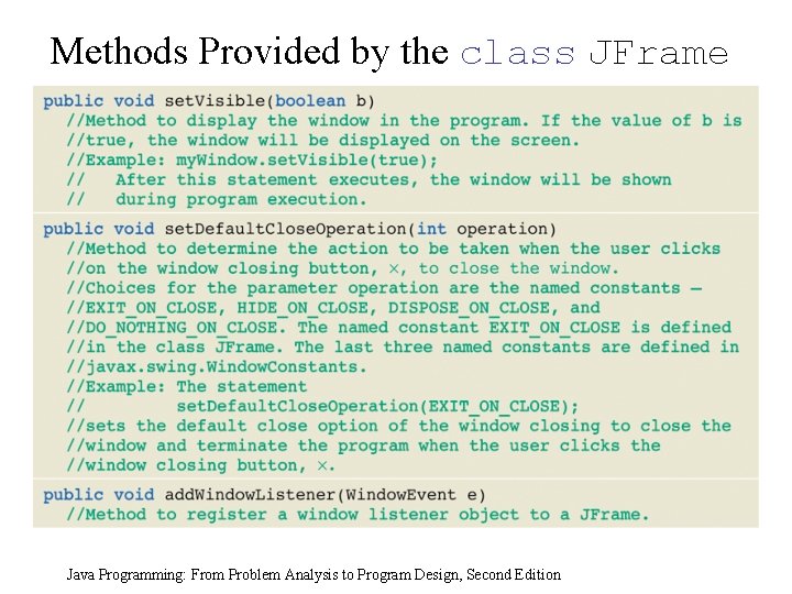 Methods Provided by the class JFrame Java Programming: From Problem Analysis to Program Design, Methods Provided by the class JFrame Java Programming: From Problem Analysis to Program Design,