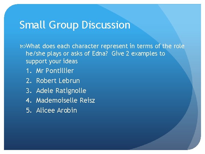 Small Group Discussion What does each character represent in terms of the role he/she