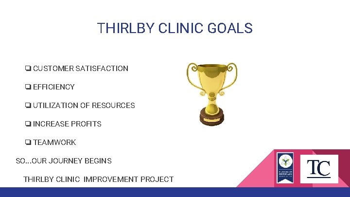 THIRLBY CLINIC GOALS ❏ CUSTOMER SATISFACTION ❏ EFFICIENCY ❏ UTILIZATION OF RESOURCES ❏ INCREASE