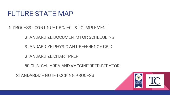 FUTURE STATE MAP IN PROCESS - CONTINUE PROJECTS TO IMPLEMENT STANDARDIZE DOCUMENTS FOR SCHEDULING