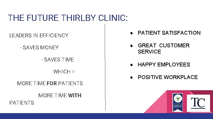 THE FUTURE THIRLBY CLINIC: LEADERS IN EFFICIENCY - SAVES MONEY - SAVES TIME WHICH