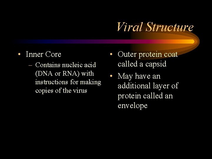 Viral Structure • Inner Core – Contains nucleic acid (DNA or RNA) with instructions
