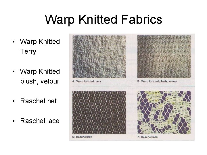 Warp Knitted Fabrics • Warp Knitted Terry • Warp Knitted plush, velour • Raschel