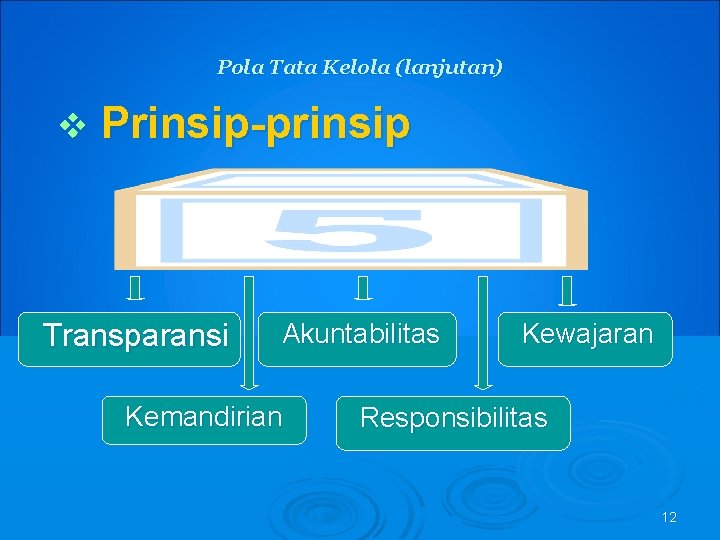 Pola Tata Kelola (lanjutan) v Prinsip-prinsip Transparansi Akuntabilitas Kemandirian Kewajaran Responsibilitas 12 