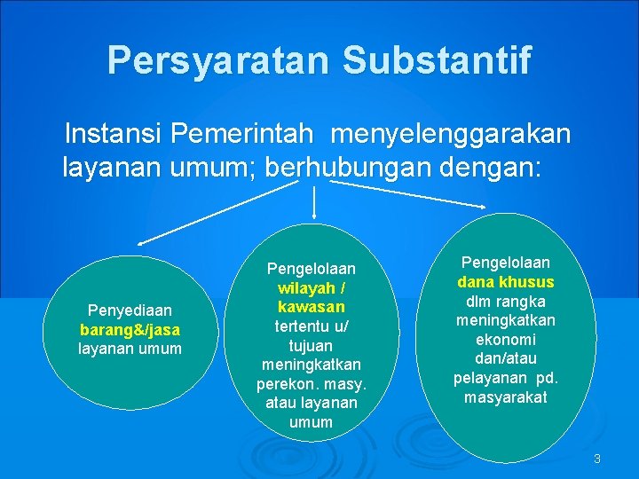 Persyaratan Substantif Instansi Pemerintah menyelenggarakan layanan umum; berhubungan dengan: Penyediaan barang&/jasa layanan umum Pengelolaan