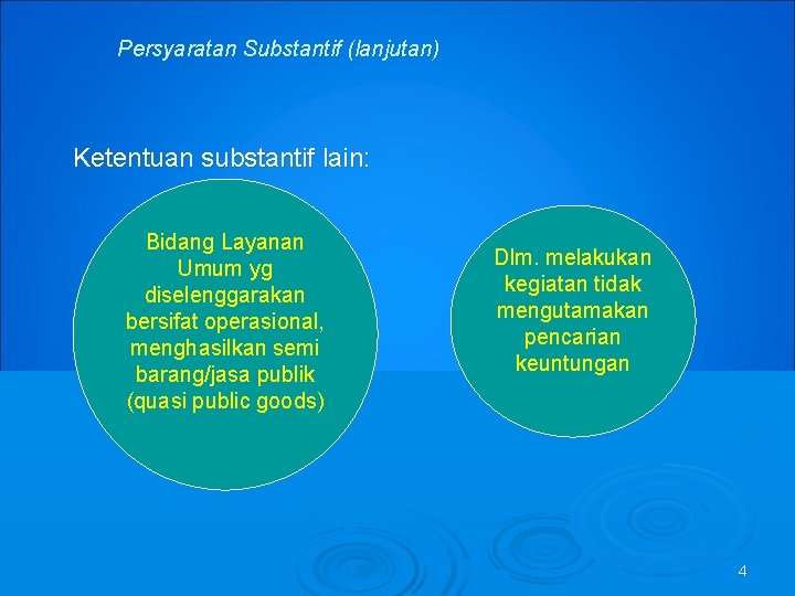 Persyaratan Substantif (lanjutan) Ketentuan substantif lain: Bidang Layanan Umum yg diselenggarakan bersifat operasional, menghasilkan