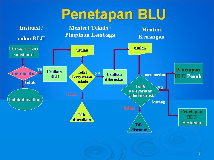 Penetapan BLU Instansi / Menteri Teknis / Pimpinan Lembaga calon BLU Persyaratan substantif memenuhi