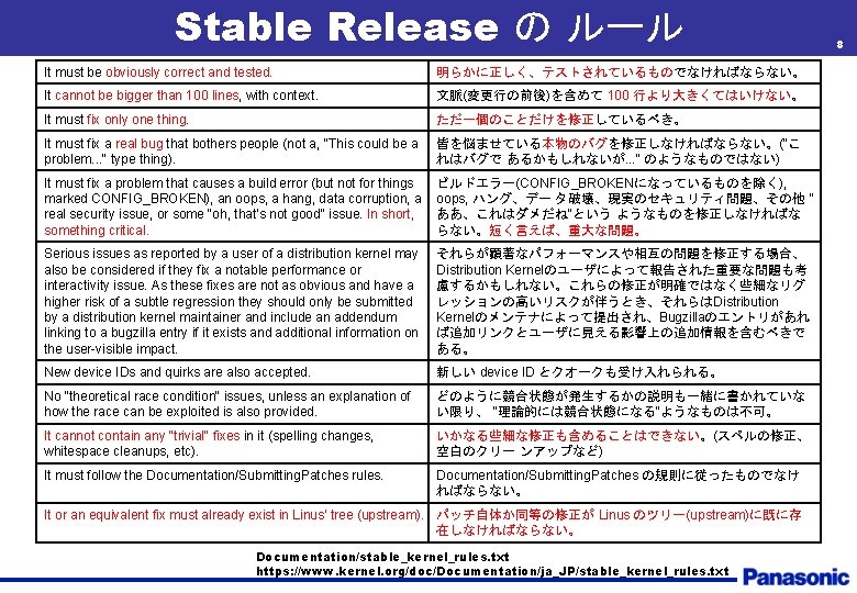 Stable Release の ルール It must be obviously correct and tested. 明らかに正しく、テストされているものでなければならない。 It cannot
