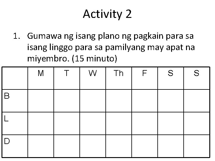 Activity 2 1. Gumawa ng isang plano ng pagkain para sa isang linggo para