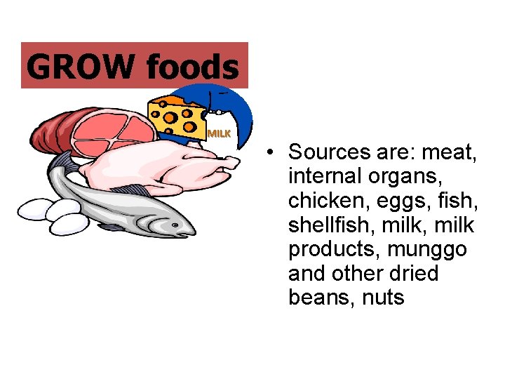 GROW foods MILK • Sources are: meat, internal organs, chicken, eggs, fish, shellfish, milk