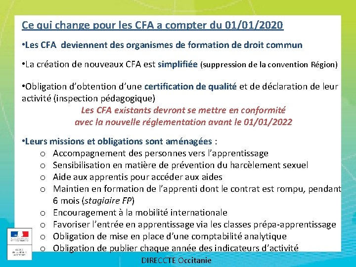 Ce qui change pour les CFA a compter du 01/01/2020 • Les CFA deviennent