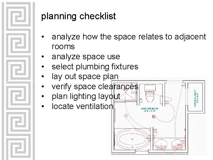 planning checklist • analyze how the space relates to adjacent rooms • analyze space