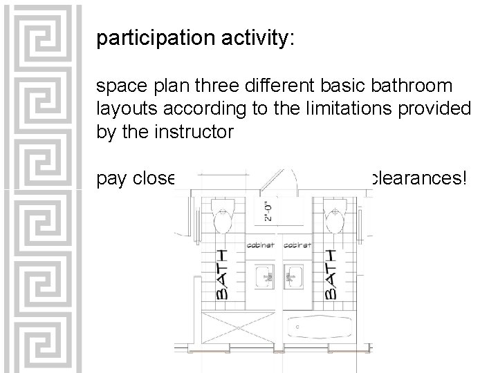 participation activity: space plan three different basic bathroom layouts according to the limitations provided