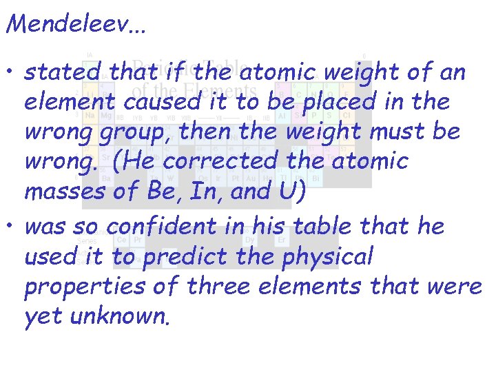 Mendeleev. . . • stated that if the atomic weight of an element caused