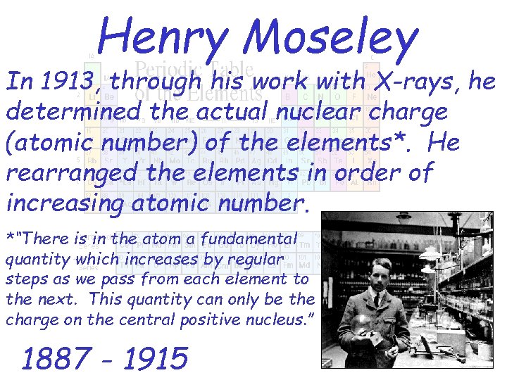 Henry Moseley In 1913, through his work with X-rays, he determined the actual nuclear