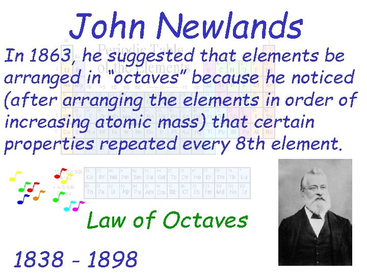 John Newlands In 1863, he suggested that elements be arranged in “octaves” because he