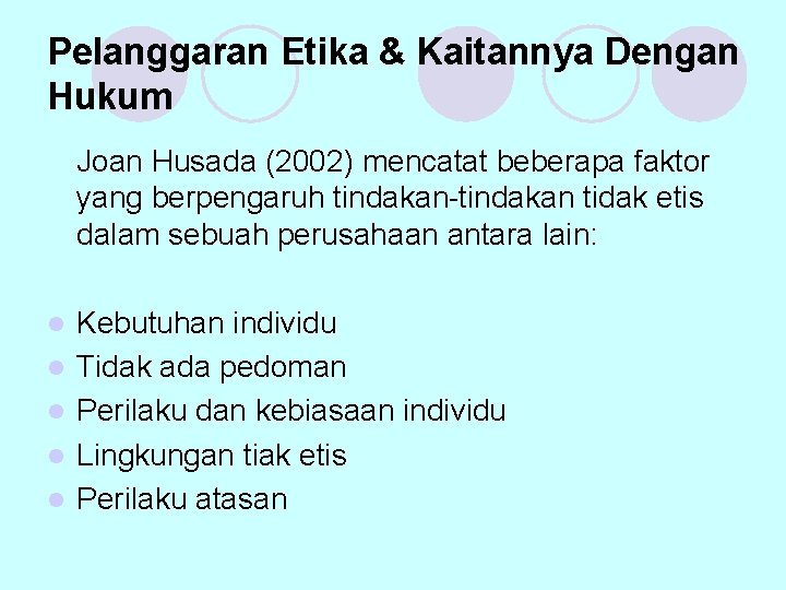 Pelanggaran Etika & Kaitannya Dengan Hukum Joan Husada (2002) mencatat beberapa faktor yang berpengaruh