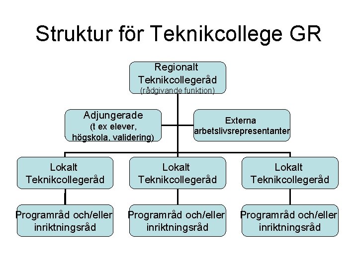 Struktur för Teknikcollege GR Regionalt Teknikcollegeråd (rådgivande funktion) Adjungerade (t ex elever, högskola, validering)