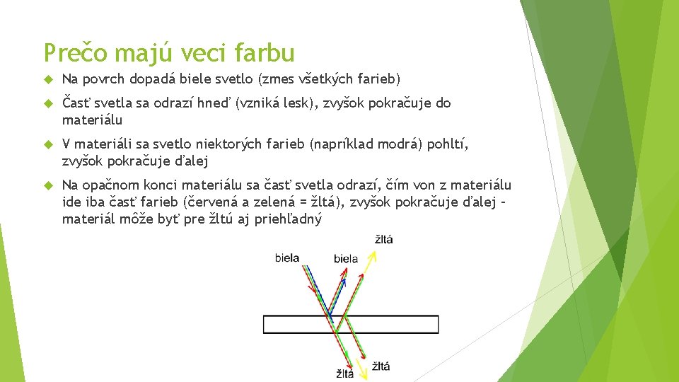 Prečo majú veci farbu Na povrch dopadá biele svetlo (zmes všetkých farieb) Časť svetla