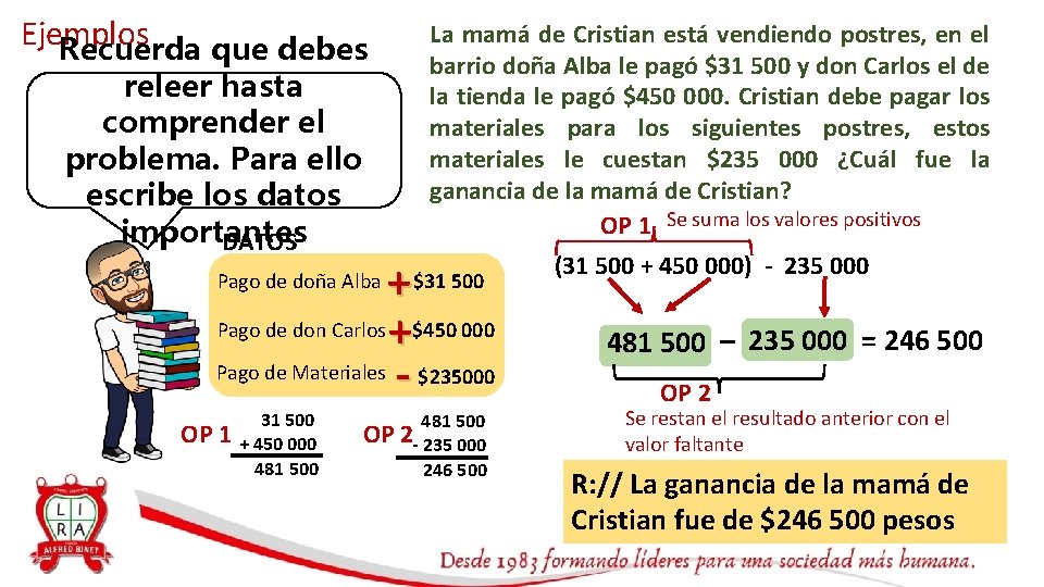 Ejemplos Recuerda que debes releer hasta comprender el problema. Para ello escribe los datos