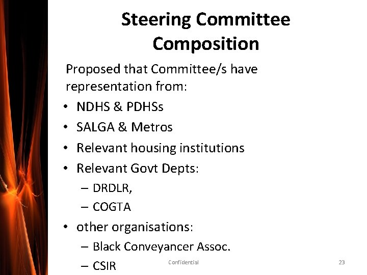 Steering Committee Composition Proposed that Committee/s have representation from: • NDHS & PDHSs •
