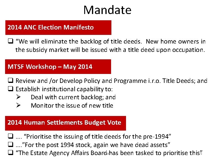 Mandate 2014 ANC Election Manifesto q “We will eliminate the backlog of title deeds.