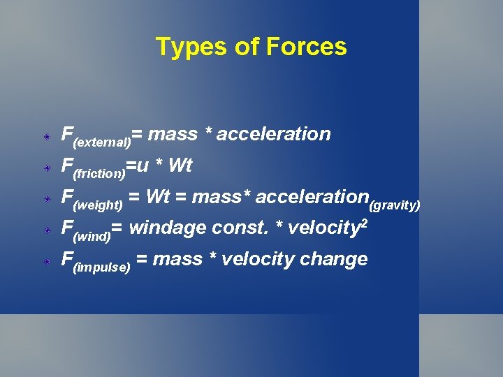 Types of Forces F(external)= mass * acceleration F(friction)=u * Wt F(weight) = Wt = Types of Forces F(external)= mass * acceleration F(friction)=u * Wt F(weight) = Wt =