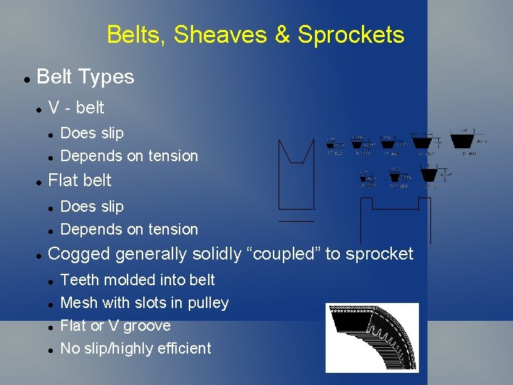 Belts, Sheaves & Sprockets Belt Types V - belt Flat belt Does slip Depends Belts, Sheaves & Sprockets Belt Types V - belt Flat belt Does slip Depends