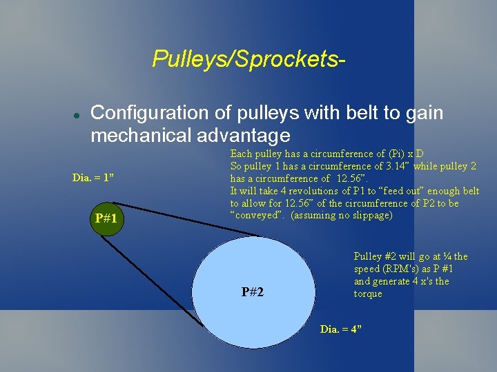 Pulleys/Sprockets Configuration of pulleys with belt to gain mechanical advantage Dia. = 1” P#1 Pulleys/Sprockets Configuration of pulleys with belt to gain mechanical advantage Dia. = 1” P#1