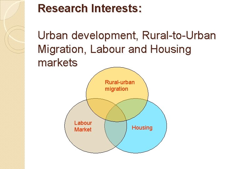 Research Interests: Urban development, Rural-to-Urban Migration, Labour and Housing markets Rural-urban migration Labour Market