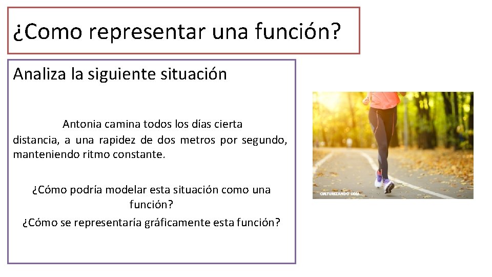 ¿Como representar una función? Analiza la siguiente situación Antonia camina todos los días cierta