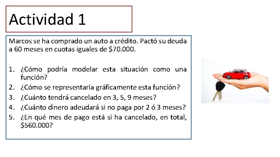 Actividad 1 Marcos se ha comprado un auto a crédito. Pactó su deuda a