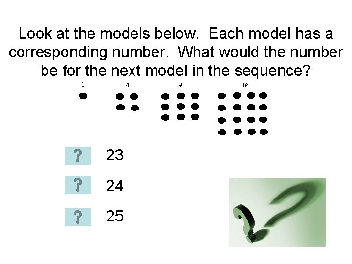 Look at the models below. Each model has a corresponding number. What would the