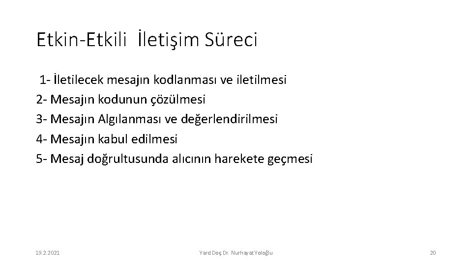 Etkin-Etkili İletişim Süreci 1 - İletilecek mesajın kodlanması ve iletilmesi 2 - Mesajın kodunun