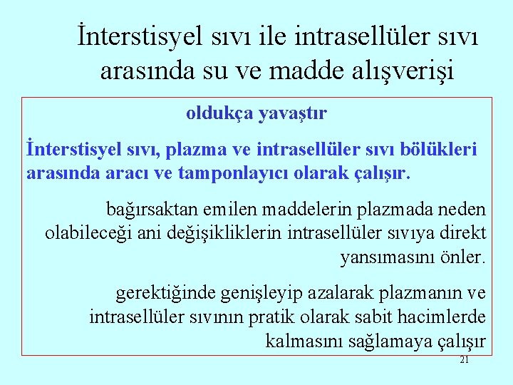 İnterstisyel sıvı ile intrasellüler sıvı arasında su ve madde alışverişi oldukça yavaştır İnterstisyel sıvı,