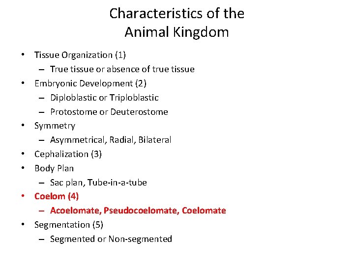 Characteristics of the Animal Kingdom • Tissue Organization (1) – True tissue or absence Characteristics of the Animal Kingdom • Tissue Organization (1) – True tissue or absence