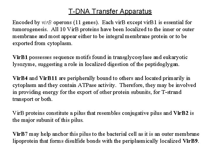 T-DNA Transfer Apparatus Encoded by vir. B operons (11 genes). Each vir. B except