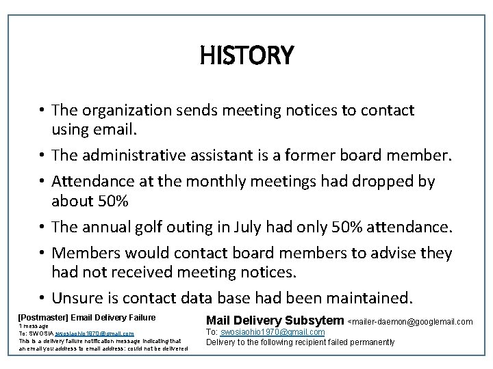 HISTORY • The organization sends meeting notices to contact using email. • The administrative