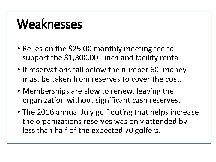 Weaknesses • Relies on the $25. 00 monthly meeting fee to support the $1,